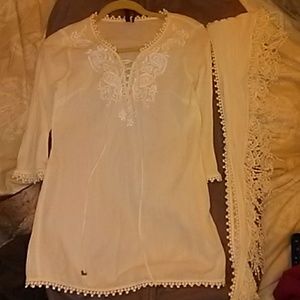 Marciano Resort Inspired White Linen Dress & Scarf